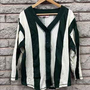 Vintage Jordache Green and White Striped Button-Up Cardigan